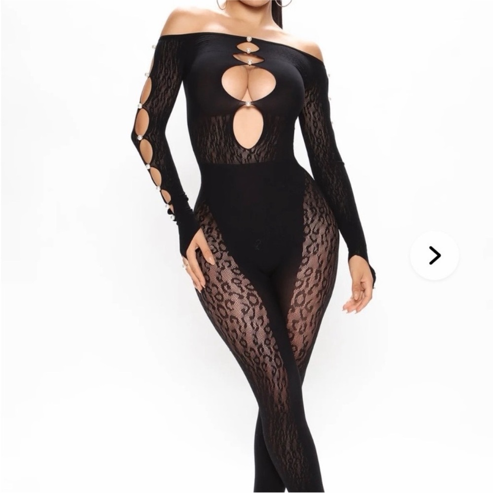 Fashion Nova Nude Lace Cutout Off-Shoulder Jumpsuit